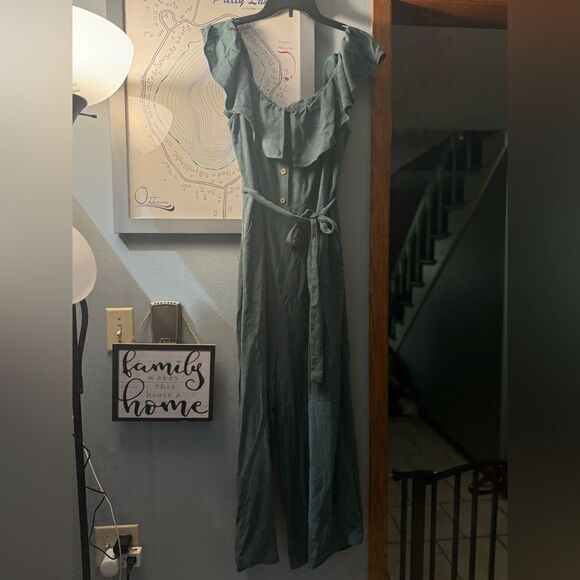 Lulu's Off The Shoulder Dark Sage Green Linen/ Rayon Ankle Length Jumpsuit Sz XL - Picture 7 of 12